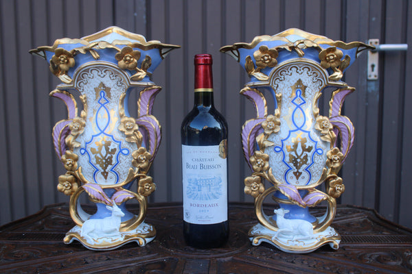 PAIR antique french vieux paris porcelain vases animal figurine 19thc rare