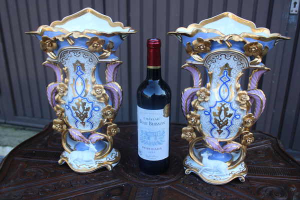 PAIR antique french vieux paris porcelain vases animal figurine 19thc rare