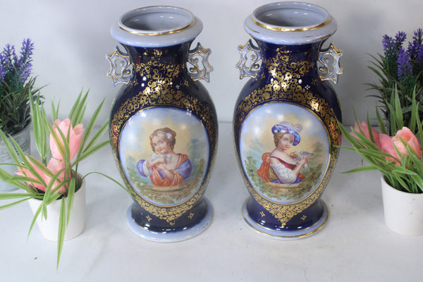 PAIR antique french vieux paris porcelain Vases portrait girl pigeon bird rare