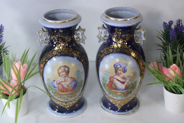 PAIR antique french vieux paris porcelain Vases portrait girl pigeon bird rare