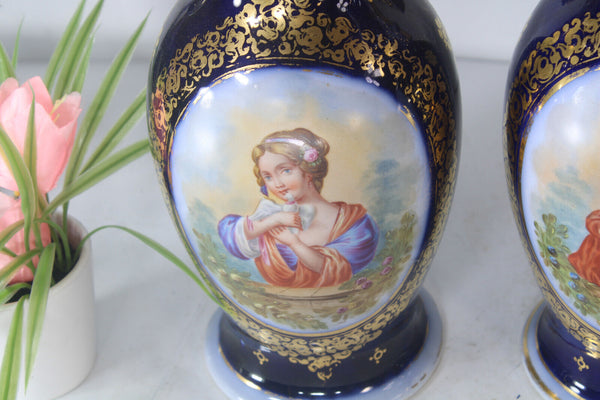 PAIR antique french vieux paris porcelain Vases portrait girl pigeon bird rare