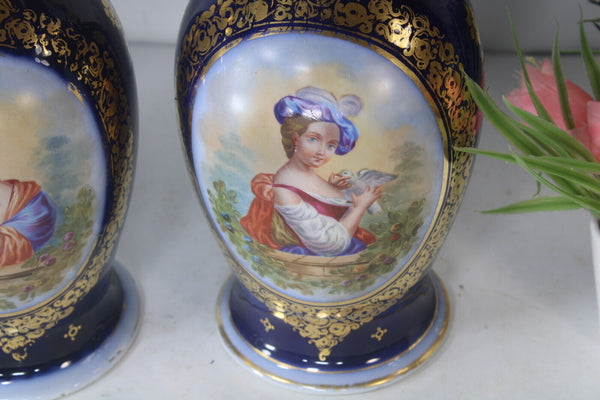 PAIR antique french vieux paris porcelain Vases portrait girl pigeon bird rare