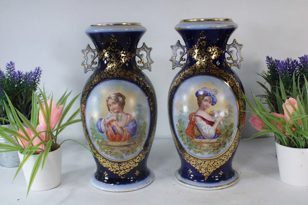 PAIR antique french vieux paris porcelain Vases portrait girl pigeon bird rare