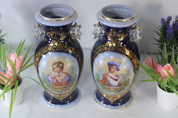PAIR antique french vieux paris porcelain Vases portrait girl pigeon bird rare