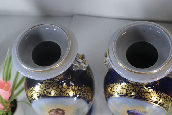 PAIR antique french vieux paris porcelain Vases portrait girl pigeon bird rare