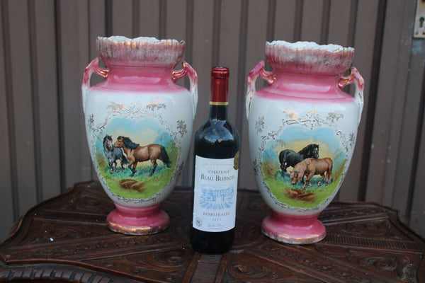 PAIR antique english victorian Faience porcelain horse scene vases