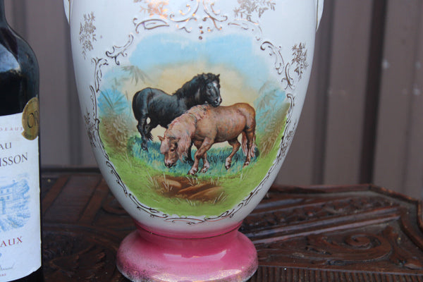 PAIR antique english victorian Faience porcelain horse scene vases