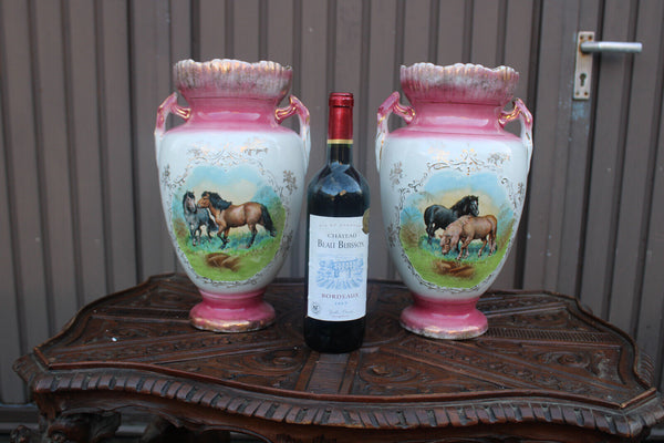 PAIR antique english victorian Faience porcelain horse scene vases