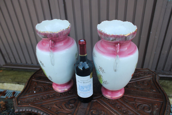 PAIR antique english victorian Faience porcelain horse scene vases