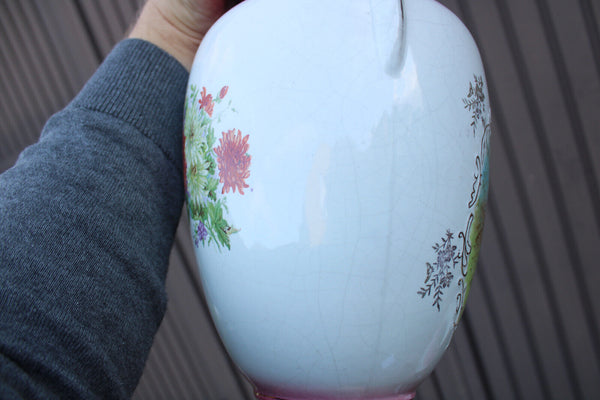 PAIR antique english victorian Faience porcelain horse scene vases