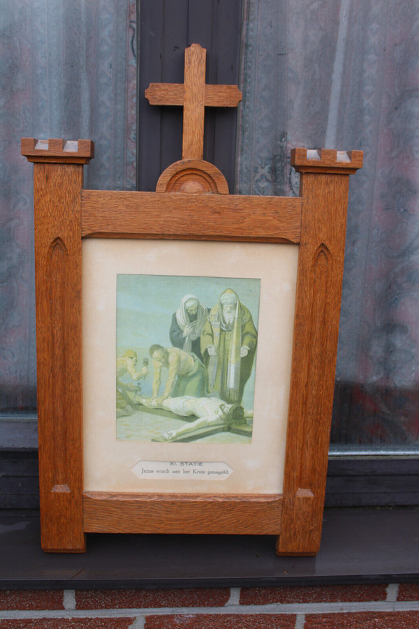 Antique church wood carved crucifix frame litho 14 stations of the cross panels