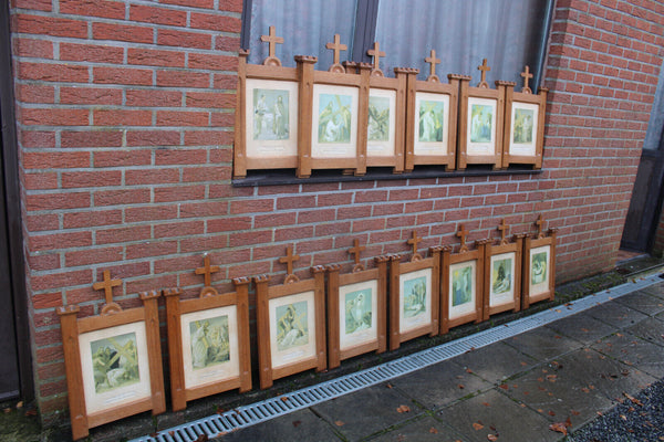 Antique church wood carved crucifix frame litho 14 stations of the cross panels