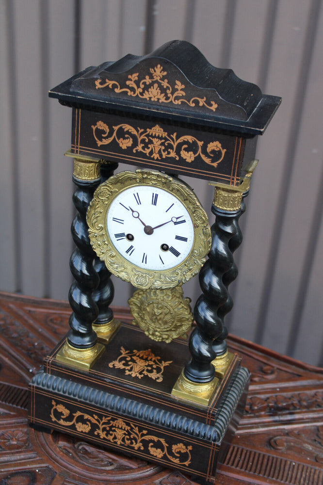 Antique napoleon III clock Columns wood inlay decor