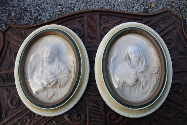 PAIR antique meerschaum portrait sacred jesus mary plaque convex globe glass