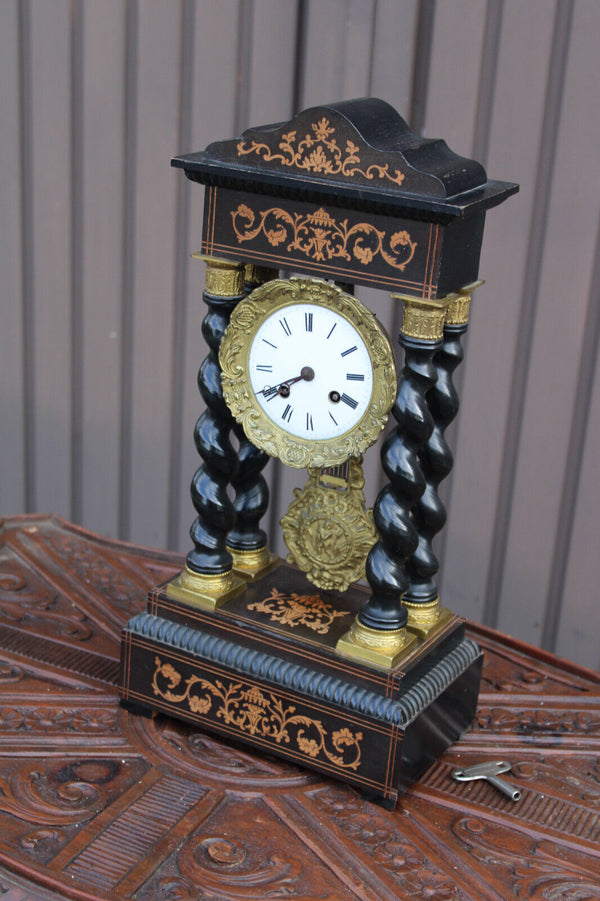 Antique napoleon III clock Columns wood inlay decor