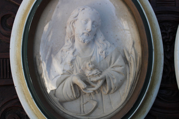 PAIR antique meerschaum portrait sacred jesus mary plaque convex globe glass