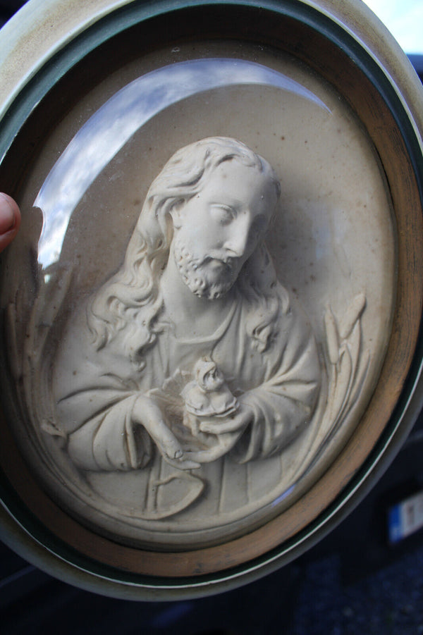 PAIR antique meerschaum portrait sacred jesus mary plaque convex globe glass