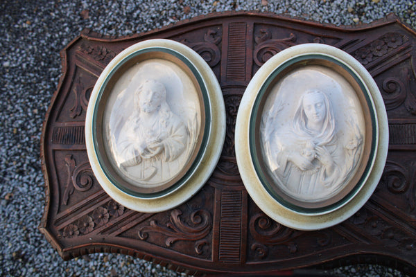 PAIR antique meerschaum portrait sacred jesus mary plaque convex globe glass