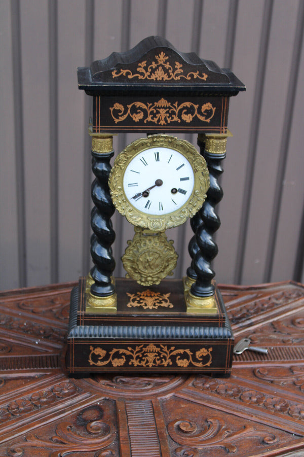 Antique napoleon III clock Columns wood inlay decor