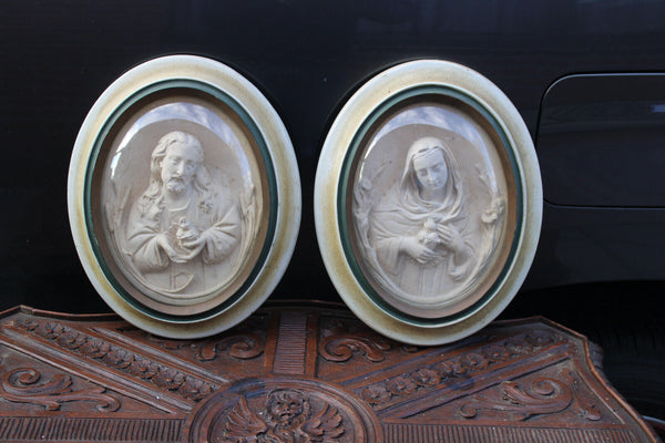 PAIR antique meerschaum portrait sacred jesus mary plaque convex globe glass