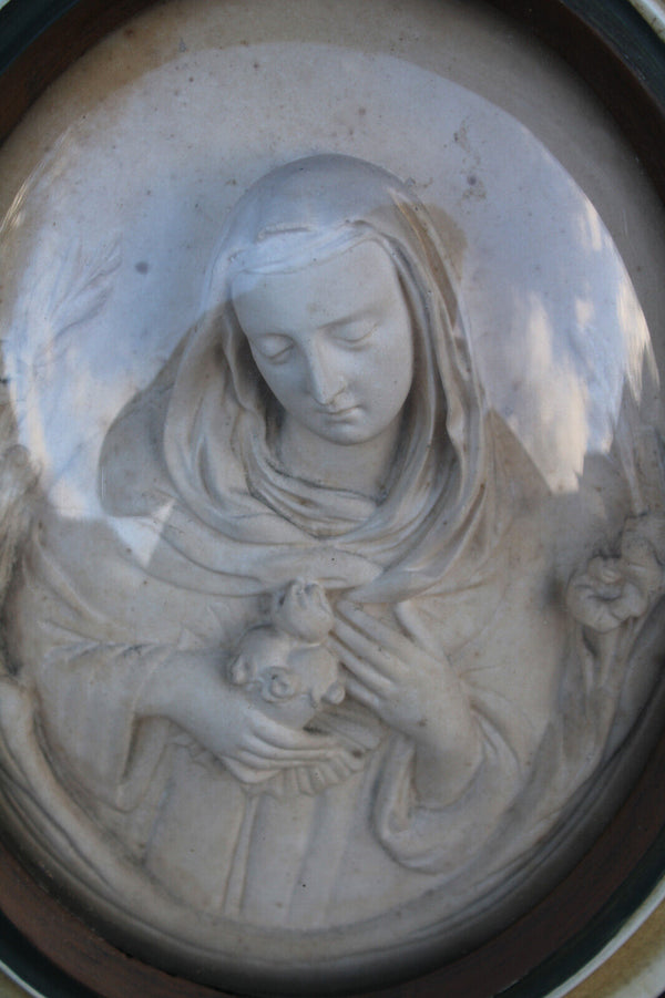 PAIR antique meerschaum portrait sacred jesus mary plaque convex globe glass