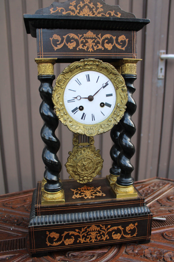 Antique napoleon III clock Columns wood inlay decor