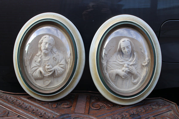 PAIR antique meerschaum portrait sacred jesus mary plaque convex globe glass