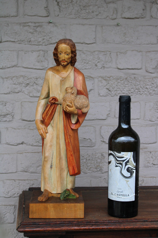 South German Wood carved Jesus statue sculpture with lamb 1950s