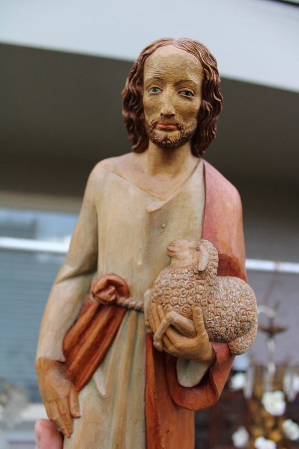 South German Wood carved Jesus statue sculpture with lamb 1950s