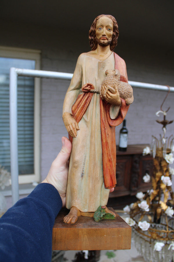 South German Wood carved Jesus statue sculpture with lamb 1950s