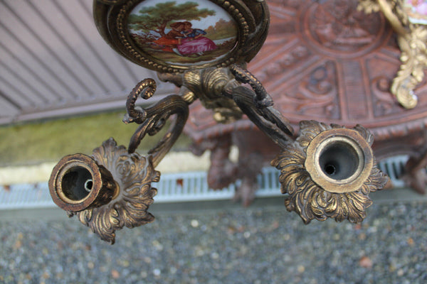 PAIR bronze Limoges porcelain Medaillon wall lights sconces victorian scene