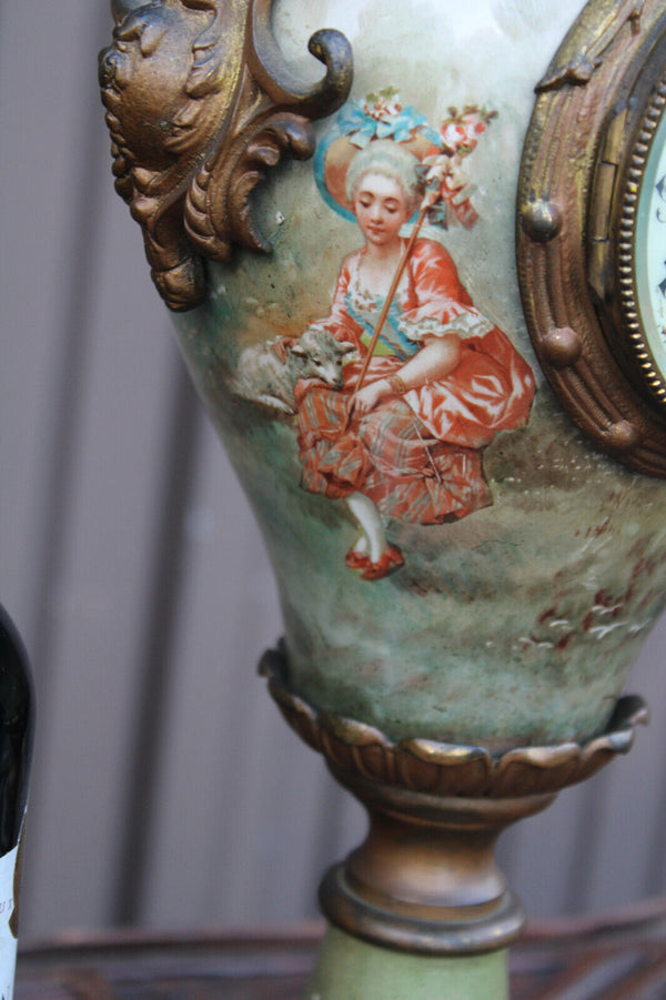 Antique 1900 Brass faience romantic decors Dragons phoenix bird Eagle clock rare