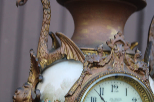 Antique 1900 Brass faience romantic decors Dragons phoenix bird Eagle clock rare