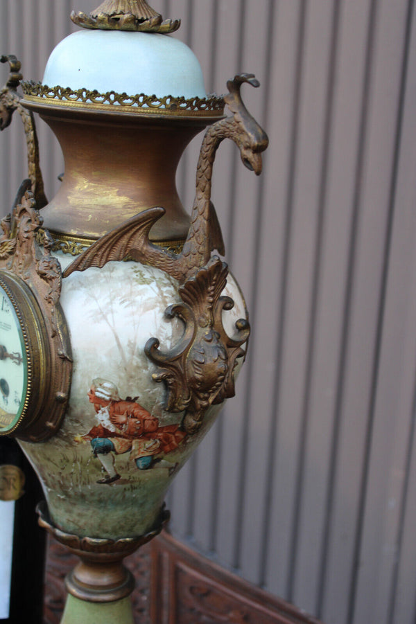 Antique 1900 Brass faience romantic decors Dragons phoenix bird Eagle clock rare