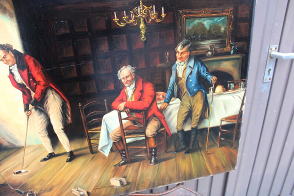 Flemish School 1954 signed oil canvas painting indoor interior golf noble men