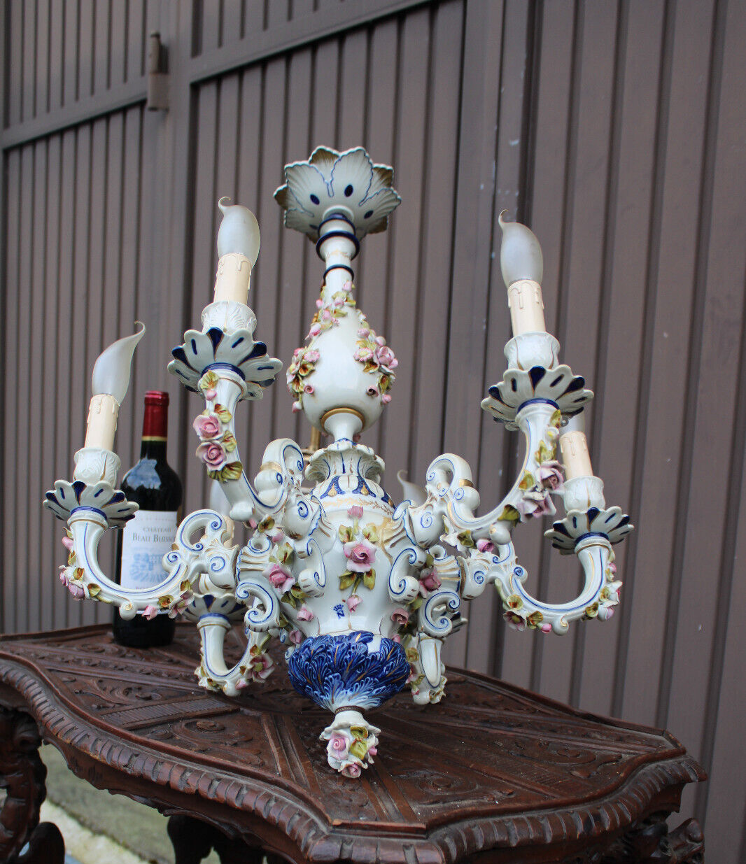 Capodimonte Marked italian porcelain 1970 6 arm chandelier floral decor rare