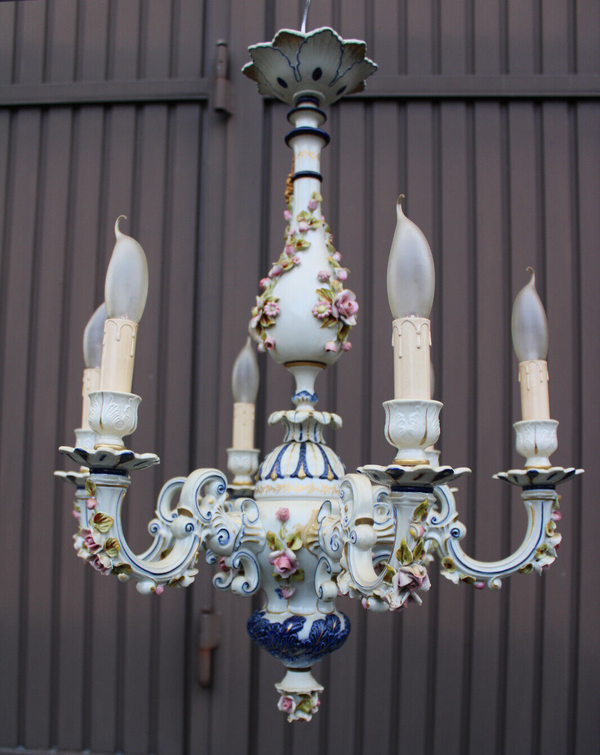 Capodimonte Marked italian porcelain 1970 6 arm chandelier floral decor rare
