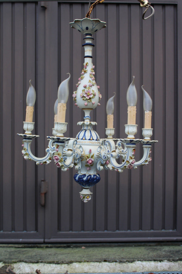 Capodimonte Marked italian porcelain 1970 6 arm chandelier floral decor rare