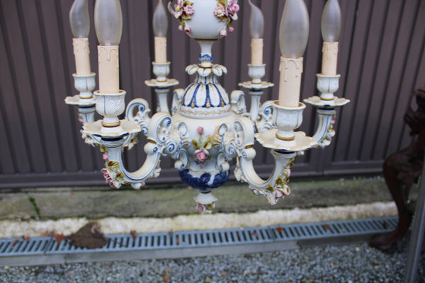 Capodimonte Marked italian porcelain 1970 6 arm chandelier floral decor rare