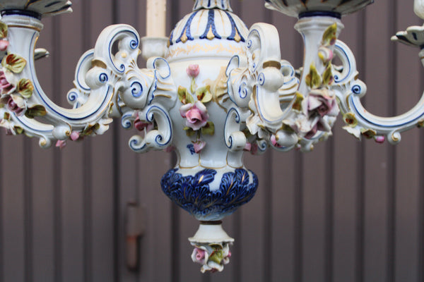 Capodimonte Marked italian porcelain 1970 6 arm chandelier floral decor rare