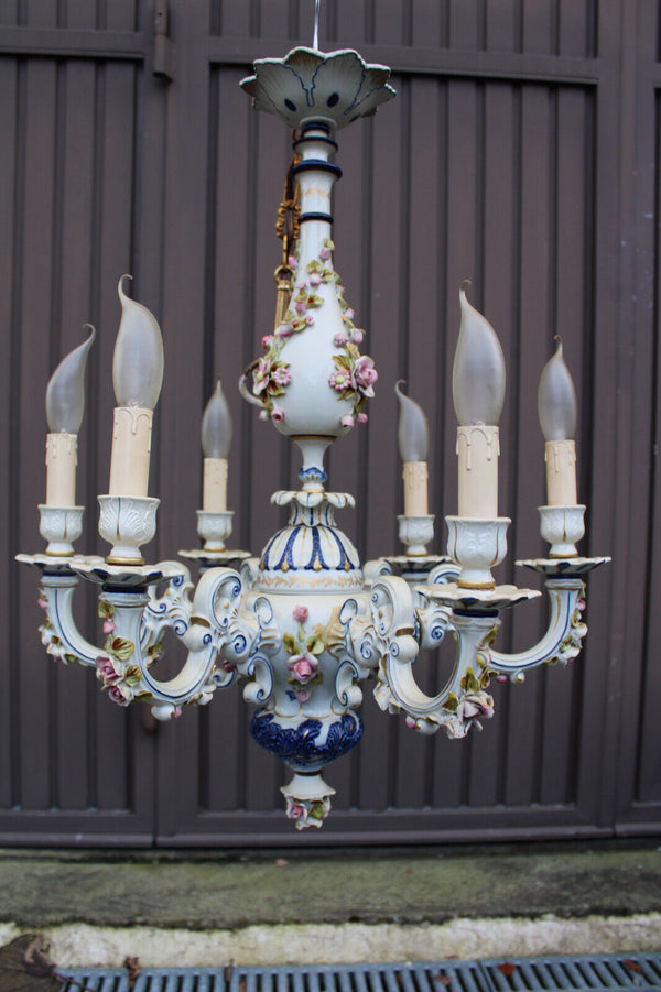 Capodimonte Marked italian porcelain 1970 6 arm chandelier floral decor rare