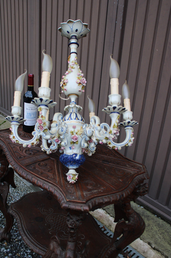 Capodimonte Marked italian porcelain 1970 6 arm chandelier floral decor rare
