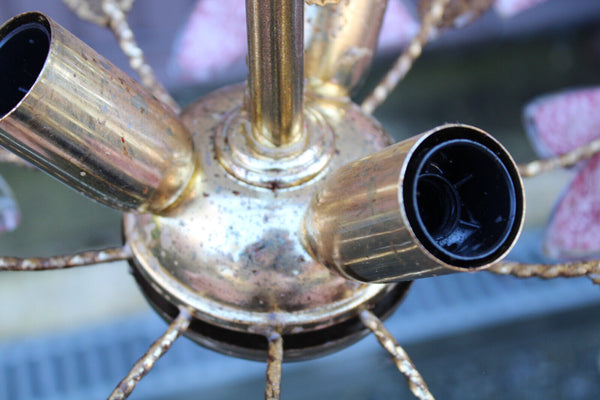 Vintage italian Murano glass flower pink brass chandelier lamp 1970s