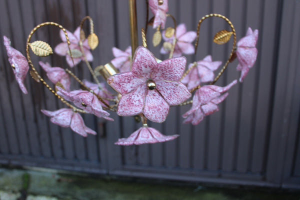 Vintage italian Murano glass flower pink brass chandelier lamp 1970s