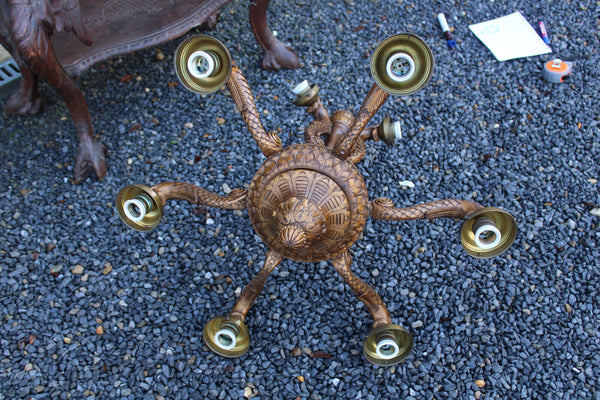 Rare 1950 Wood carved dolphin fish Figural chandelier lamp France