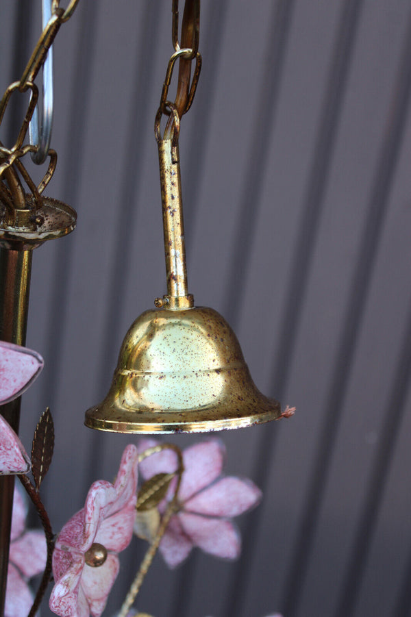 Vintage italian Murano glass flower pink brass chandelier lamp 1970s