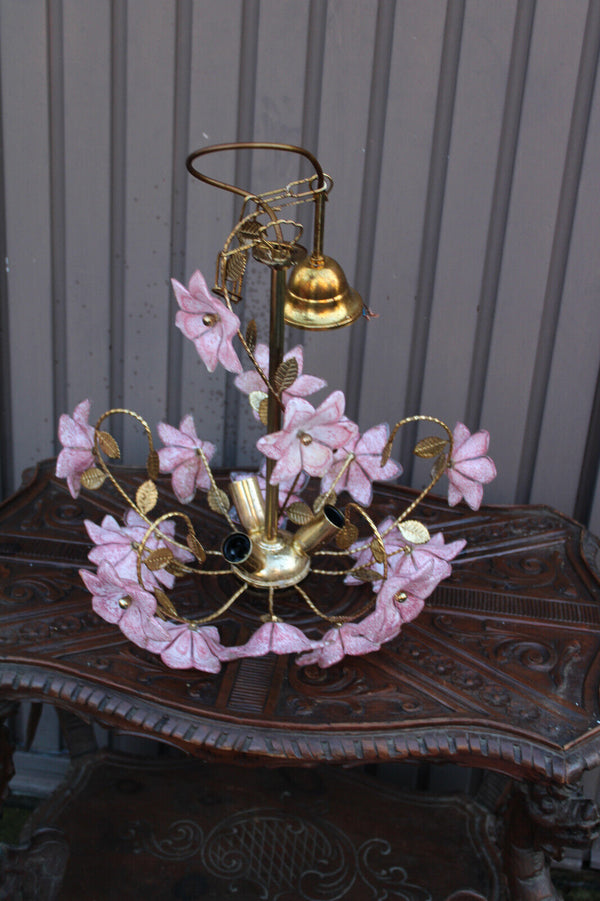Vintage italian Murano glass flower pink brass chandelier lamp 1970s
