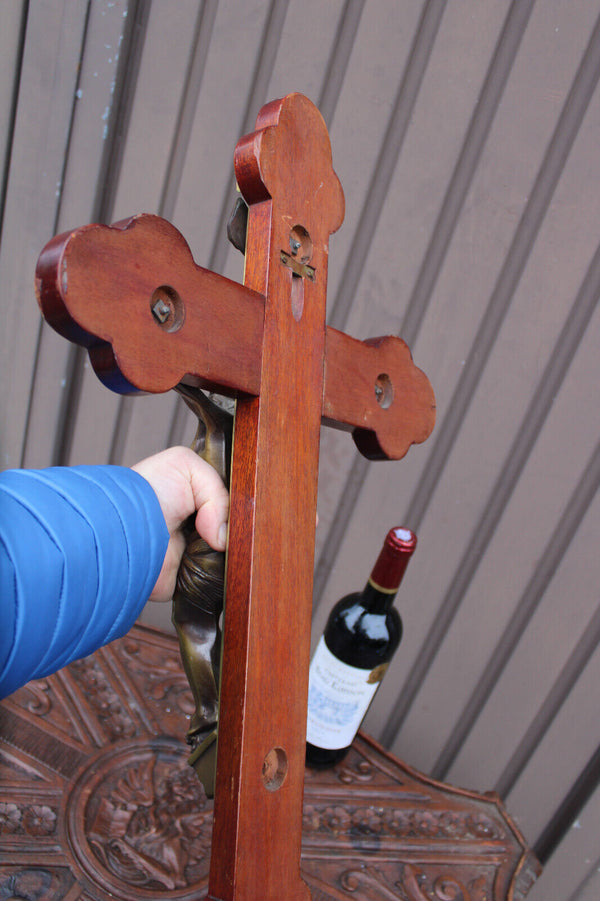 Antique heavy bronze wood wall crucifix french rare fleur de lys