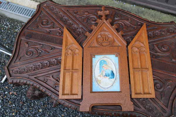 Antique French neo gothic triptych wood carved madonna portrait religious