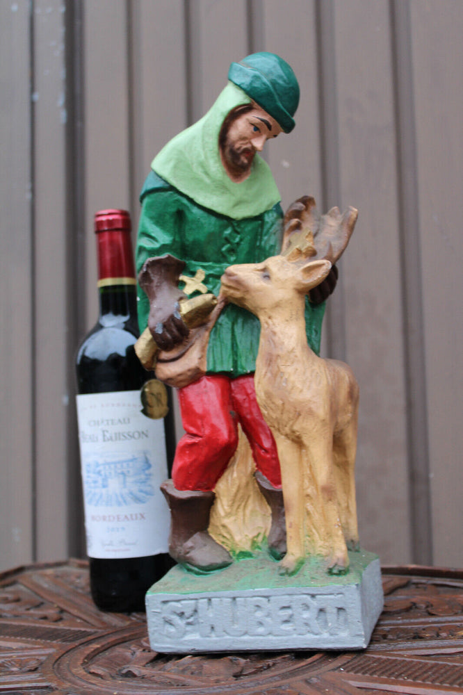 Antique belgian large statue religious saint Hubert hunting ceramic chalk